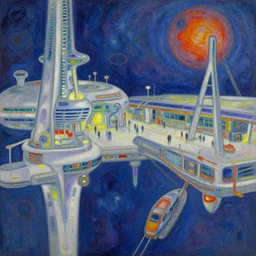 a futuristic space port, painting by chagall, trending on artstation
