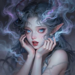 portrait of demon girl, dreamy and ethereal, expressive pose, big blue eyes, exciting expression, fantasy, intricate, elegant, psychedelic smoke, highly detailed, digital painting, artstation, concept art, smooth, sharp focus, illustration, art by artgerm and greg rutkowskiand alphonse mucha