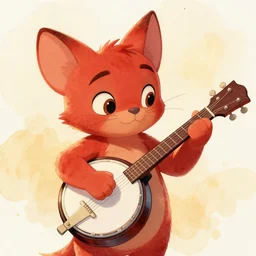 dreamworks, disney, watercolours, a red little kitten playing banjo, clothed, golden hour, digital art, face study, concept art, white background, textured paper
