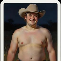 an ethereal dramatic tarot card painting of a shirtless handsome chubby mischievous cowboy smirking | background is a dark night with a serene campfire | tin cans and jugs of whisky | tarot card, art deco, art nouveau | by Mark Maggiori | trending on artstation