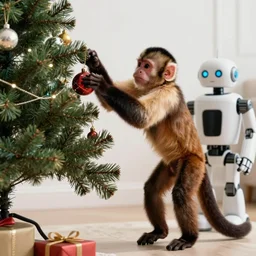 capuchin monkey putting christmas tree ornament on christmas tree, standing next to humanoid robot, living room, 2 0 0 6 youtube video