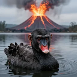 a black swan has an ape head, ape eyes, swimming in the lake as a volcano is erupting money instead of lava as background. portrait photography, close up, high definition, 4 k, 8 k, popular on national geographic, highly detailed furs and feathers.