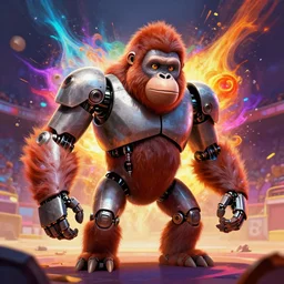 anthropomorphic orangutan robot with human characteristics in an arena, digital art, epic composition, fantasy, explosion of color, highly detailed, in the style of jake parker, in the style of conrad roset, swirly vibrant colors, sharp focus