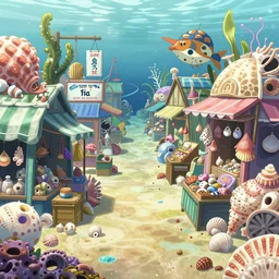 anime background of an undersea slums shopping district built from various sea shells and corals, seaweed, light prisms, light diffraction, steampunk, cyberpunk, cool colors, caustics, anime, vhs distortion