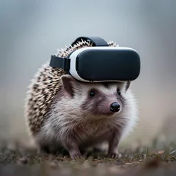 portrait of hedgehog wearing vr helmet, fog ambient, color gradient, radial blur