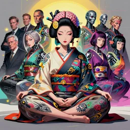 cyberpunk geisha in a lotus position, wearing a flowing kimono and tattoos, 8 k wide angle shot, by tristan eaton, stanley artgermm, tom bagshaw, greg rutkowski, carne griffiths, ayami kojima, beksinski, giger, trending on deviantart, hyper detailed, cybernetic, full of colour, brain
