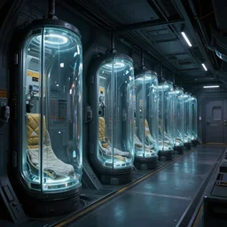 epic professional digital art of interior scene of large cargo bay in darkened spaceship with upright glass sleeping pods lining wall, 4 k, cinematic, detailed, best artstation, cgsociety, epic, stunning, gorgeous, wow wow detail