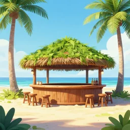 a bar on a tropical island, pine trees, sunny, digital art, landscape, fantasy art, octane render, ureal engine, high detail, very realistic, by greg rutkowski. by james gurney