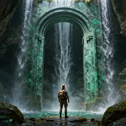concept art, an explorer lookup up at a giant arched doorway made of green marble, deep underground waterfalls, beautiful matte painting, ultra detailed, 8 k render