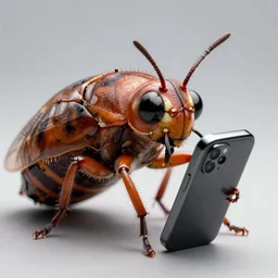 a huge flea using a cell phone realistic cinematic 3 5 mm
