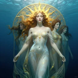 underwater portrait of the sun goddess of starlight by greg rutkowski, cinematic lights, highly detailed, digital painting, artstation, smooth, sharp focus illustration, artstation hq. intricate, elegant. art by wlop and artgerm and greg rutkowski, alphonse mucha, medium shot. dan mumford, tomokazu matsuyama, takato yamamoto