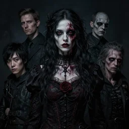 A fancy portrait of a zombified women with a dark background by Greg Rutkowski, Sung Choi, Mitchell Mohrhauser, Maciej Kuciara, Johnson Ting, Maxim Verehin, Peter Konig, Bloodborne, 8k photorealistic, cinematic lighting, HD, high details, dramatic, dark atmosphere, trending on artstation