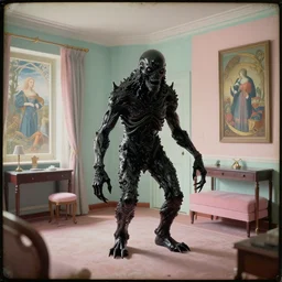 a black glassy terrible horror monster in a liminal hotel room, daguerreotype by edward hopper, by henri rousseau, by Bosch, by Pontormo, art noveau, highly detailed, strong lights, liminal, eerie, Bright pastel colors, octane render, 8k,