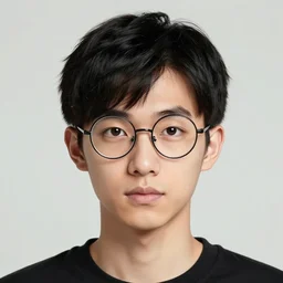 portrait image of a cute androgynous young man with black hair and circular glasses, side part, clean shaven, trending on artstation, facial symmetry, by beeple, by hirohiko araki, by takashi murakami