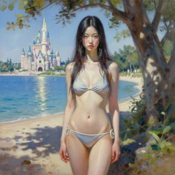 oil painting by ilya kuvshinov,, baugh casey, artgerm craig mullins, coby whitmore, of a youthful japanese girl, long hair, fully clothed bikini at the beach, highly detailed, otherworldly face, disney palace in background studio photography, noon, intense bounced light, water reflection, large tree casting shadow, serine intense sunlight in the style of zack snyder