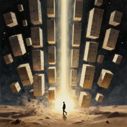 tall boxes falling out of space side - by - side, pixel sorting, objects levitating, person walking thru sand, zdzislaw beksinski