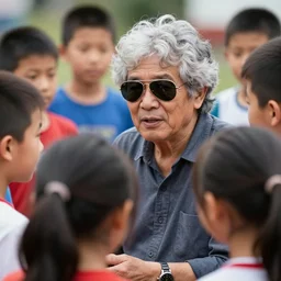 an old man with curly gray hair wearing dark aviator sunglasses talking to a group of kids