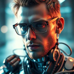 a beautiful photoshoot of cybernetic male, wearing glasses, full body shot, with epic bionic cyborg implants, wires, tubes, biomechanical details, liquid, prismatic highlights, depth of field, cinematic, macro, concept art, 5 0 mm, artstation, digital painting, elegant, focus, octane render, ray tracing, by h. r. giger