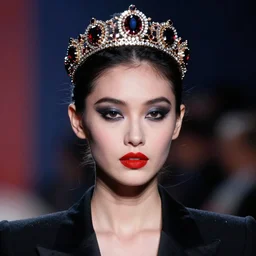 a female high fashion model wearing a jeweled face crown, dark eye make - up, red lips, alexander mcqueen, haute couture, artstation, high detail, black, red and blue, 8 0 s airbrushed, film still, cinematic composition
