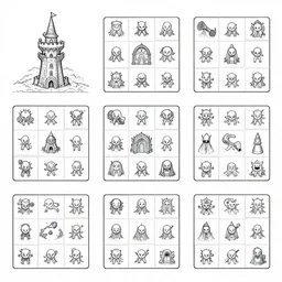 set of isometric game tiles, containing a wizard's tower, enemies'hideouts and several resources, colored lineart from resource gathering game