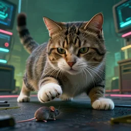a shot of a huge cat pet catches a mouse by ryden in cyberpunk environment, 4 k ultra high resolution, long camera shot