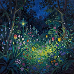a gorgeous, fantastic, magic night garden landscape by michael kidd, trending on artstation, deviantart, pointillism, oil on canvas, reduced colors, darker, low contrast
