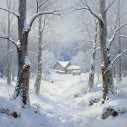 hyperborean civilization, beautiful realistic painting, winter, trees, snow