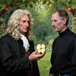 isaac newton offering a half eaten apple to steve jobs in the garden of eden, artwork by gaston bussiere, craig mullins, trending on artstation