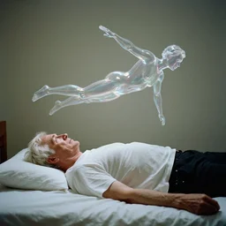 a 7 0 year old white haired man lays on a bed, a transparent iridescent figure levitates above him, by michal karcz, canon eos c 3 0 0, ƒ 1. 8, 3 5 mm, 8 k, medium - format print