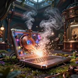 A glowing electrical Steampunk laptop in a victorian museum, james gurney, cinematic lighting, lots of steam and sparks, wires made of copper, artstation, vibrant nature, Tuomas Korpi, tekkon kinreet, volumetric light, artstation, , octane render, redshift render, low angle camera, rich deep moody colors