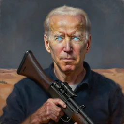 oil painting Joe Biden with glowing eyes, looking stern, holding an RPG, in a desert landscape, epic, dark