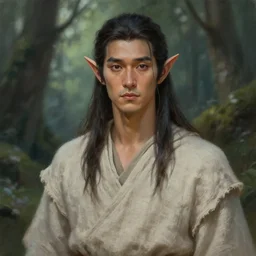 beautiful, digital art, portrait painting of a male elf wizard, wearing linen cloth. forest background. artstation, by jisu choe