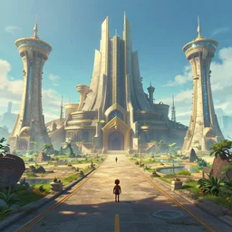 first person perspective digital illustration of a Hyrule reimagined by indusgtrial light and magic:1|wide angle panoramic by beeple and Roger Dean, viewed from eye level:0.9|fantasy, horizontal symmetry, cinematic, architectural design by Frank Gehry:0.9|Unreal Engine, Octane, finalRender, devfiantArt, artstation, artstation HQ, behance, HD, 16k resolution:0.8