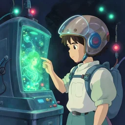 a dream machine connected to a boy with a helmet and electric cable by vanessa morales, studio ghibli, vibrant color, bioluminescent