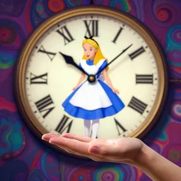 a hand reaching from underneath, alice in wonderland clock background, psychedelic