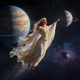 god of music flying in the universe with two planets on the background, directed by james cameron, 4 k, digital art