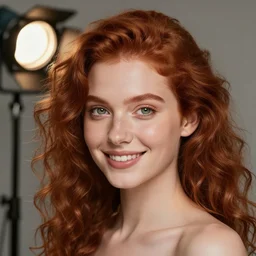 Studio photography with professional lighting of a young pretty woman. High detail, soft skin, 8k, curly red hair, smiling, big green eyes