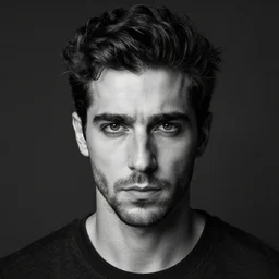 black and white head shot, studio photograph of a male symmetrical handsome andrea belluci the painter artist, casual clothes, anxiety and depression, intricate, elegant, highly detailed, hyper realistic, dark background, flickr, smooth, 4 k, 3 0 0 dpi, sharp focus, shot by canon