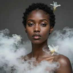 close - up fashion black woman portrait airy flowers clouds art by vasnetsov