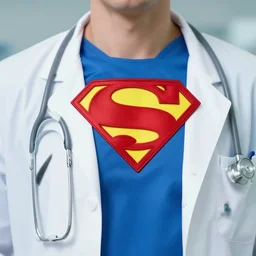 a closeup photorealistic photograph of superman style doctor wearing medical scrubs in a hospital. bright scene. fine detail. this 4 k hd image is trending on artstation, featured on behance, well - rendered, extra crisp, features intricate detail, epic composition and the style of unreal engine.