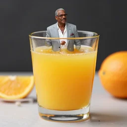 ( miniature o j simpson ) floating in [ a glass of orange juice ] blend mix hybrid