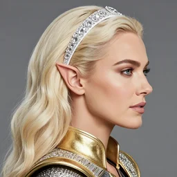 a detailed portrait profile view of with candice swanepoel with platinum blonde wavy hair with white headband with diamonds and armor in golden and silver colors, pointy ears, full body, white long hair, detailed, epic masterpiece of cinematographic hyperrealism, realistic shaded lighting poster by craig mallismo, artgerm, jeremy lipkin and michael garmash, unreal engine, radiant light,