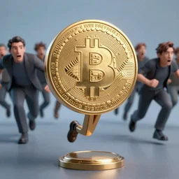 crowd running scared from bitcoin, cyberpunk art, hyper-realistic, 4k