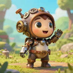 a tiny cute steampunk hobbit cyborg with cogs screws big eyes smiling waving, back view, isometric 3 d, ultra hd, character design by mark ryden pixar hayao miyazaki, unreal 5, daz, hyperrealistic, octane render, cosplay, rpg portrait, dynamic lighting, intricate detail, summer vibrancy, cinematic, centered