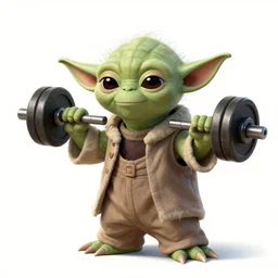 a photograph of yoda on his home planet, lifting weights with the force.