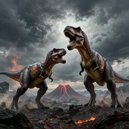 ! dream prehistoric alien yajuta predator battling a tyrannosaurus, dinosaur slayer, volcanic landscape, storm clouds, epic cinematic matte painting,