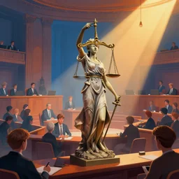 editorial illustration by mads berg and karolis strautniekas an, illustrated ( ( lady justice statue ) ) in a busy court room interior, many people, low fog, fine texture, detailed, hdr, dramatic lighting, dynamic composition, vivid, matte print, wide angle, ( ( sunbeams ) ), moody, orange and blue tones