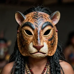 tribes member with taxidermic mask ,cinestill 800t 35mm, heavy grain, high quality,