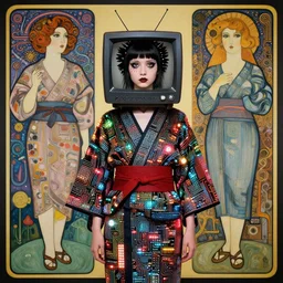 cute punk goth fashion fractal necha girl wearing a television tube helmet and kimono made of circuits and leds, surreal Dada collage by Man Ray Kurt Schwitters Hannah Höch Alphonse Mucha Beeple