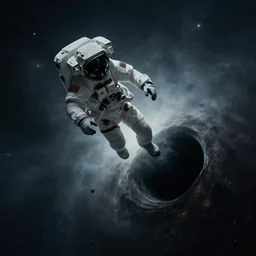 an astronaut about to be sucked into an interstellar black hole. dark, concept art, cinematic, dramatic, atmospheric, 8 k, trending on artstation, haze, low visibility, fog, christopher nolan, interstellar